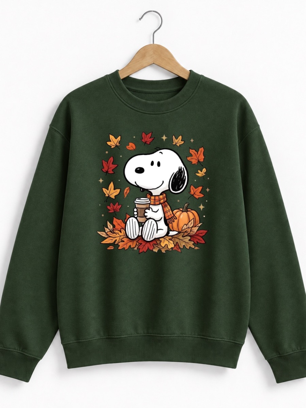 Forest Green Snoopy Fall Leaves Graphic Sweatshirt